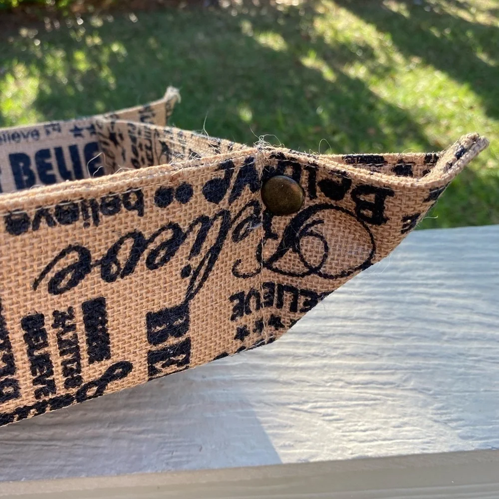 Burlap ‘Believe’ Basket. 10” square. Cute corners with snaps. Many uses 3” tall